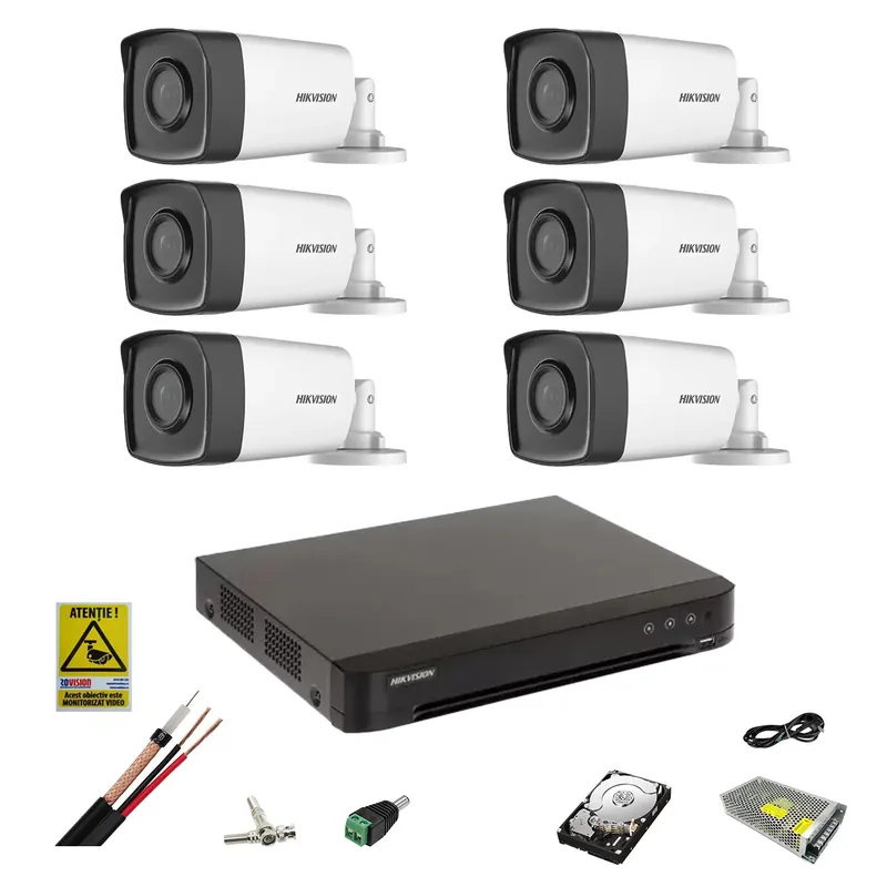 Sistem de supraveghere Hikvision 6 camere 5MP 2.8mm, IR 40m, DVR8 canale 8MP, accesorii, hard disk 1TB Vezi acum