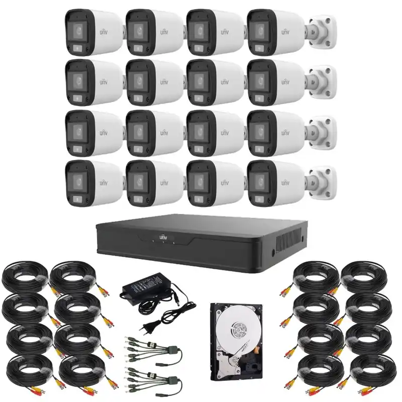 Ultima șansă Sistem supraveghere Uniview, 16 camere 5MP, Lumina Alba 20m, DVR 16 canale, Accesorii montaj incluse