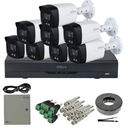Kit supraveghere analog Dahua 8 camere 5MP lentila 3.6mm IR/lumina alba 40m microfon, DVR 8 canale 8MP 4K functii AI si accesorii Livrare expres