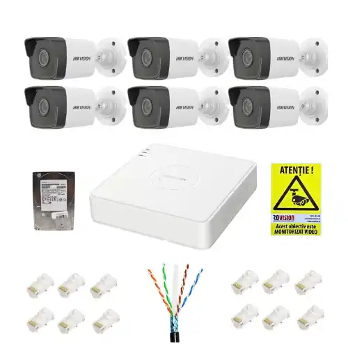 Bestseller Kit supraveghere IP Hikvision 6 camere 2MP IR 30m PoE Lentila 2.8mm, NVR 8 canale 6MP PoE, accesorii montaj, HDD 1TB + Autocolant Rovision