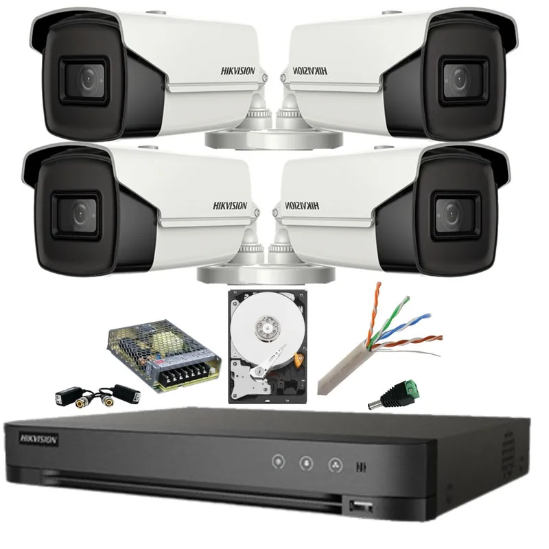 Kit supraveghere 8MP (4k) Hikvision 4 camere IR 80m Lentilă 3.6mm DVR AcuSense 4 canale Smart Playback HDD 2 TB Accesorii Retur gratuit