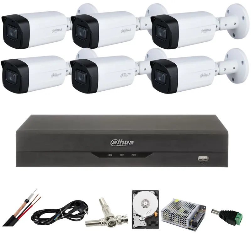 Sistem de supraveghere Dahua cu 6 camere 5 MP IR 80M lentila 3.6MM Starlight, DVR Dahua 8 canale 8MP Hard Accesorii incluse Ofertă specială
