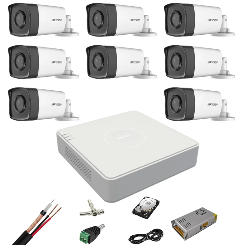 Kit complet supraveghere 5 MP Hikvision Turbo HD 8 camere, IR 40 m, HDD 2Tb, 200 m cablu Retur ușor