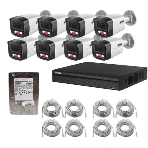 Sistem supraveghere IP Dahua, 8 camere 2MP, Dual Light lumina alba / IR 30m, PoE, microfon, NVR 8 canale POE,8MP, HDD 1TB, cabluri Reduceri
