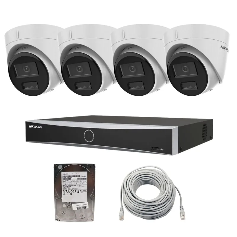 Reducere extra Sistem de supraveghere complet Hikvision IP ,PoE, cu 4 camere, 2MP, Dual Light, microfon, NVR 4 canale, Functii AI, AcuSense, 1x HDD 1TB si cablu UTP 20m
