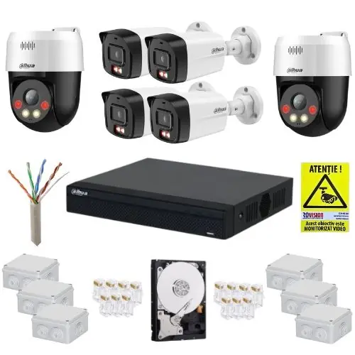 Sistem supraveghere cu functii inteligente IP, Dahua, 4 camere fixe 4MP, IR 30m, Microfon, 2 camere rotative 5MP, Difuzor, Alarma, Accesorii montaj, HDD 1TB Plată sigură