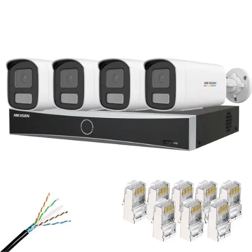 Calitate înaltă Kit supraveghere IP Hikvision 4 camere IP 4MP Lentila 4mm IR 50m Lumina Alba 50m Microfon, NVR 4 Canale PoE 12MP, Cablu CAT6 FTP Si Mufe