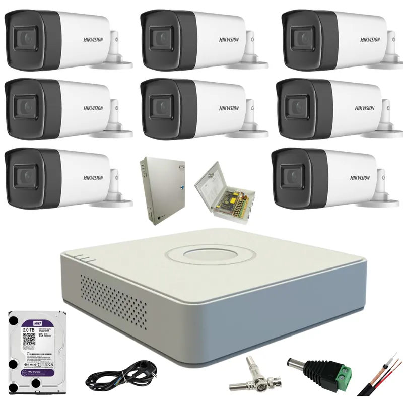 Sistem supraveghere video 8 camere exterior Turbo HD 5MP IR80m Hikvision cu toate accesoriile incluse,HDD 2TB Expediere rapidă