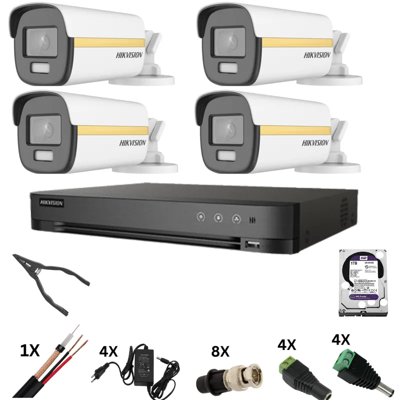 Sistem de supraveghere Hikvision 4k cu 4 camere, ColorVu 8 Megapixeli, Lumina Color 40m noaptea, DVR 4 canale 8 Megapixeli, Hard, Accesorii Reducere
