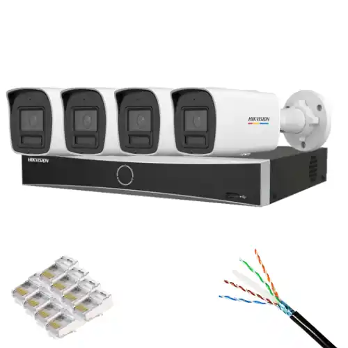 Kit supraveghere Hikvision 4 camere IP 6MP IR/Lumina Alba 30m PoE ColorVu, NVR AcuSense 8 Canale 12MP PoE, Cablu CAT6 FTP Rola 100m si Mufe RJ-45 Disponibil imediat