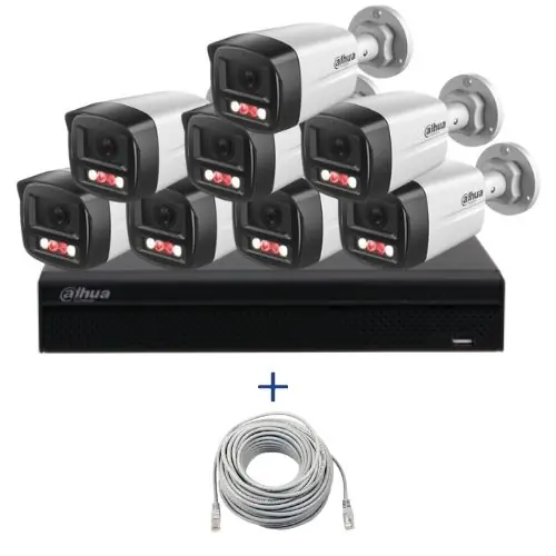 Lichidare de stoc Kit supraveghere IP Dahua 8 camere 4MP Microfon PoE lentila 2.8mm IR 30m Lumina alba 30m, NVR WizSense 8 canale PoE 12MP si cablu UTP CAT5 20m