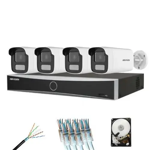 Sistem supraveghere complet 4 camere Hikvision 8MP Smart Dual Light 30m microfon, NVR AcuSense 8 canale, HDD si accesorii instalare incluse Plată sigură