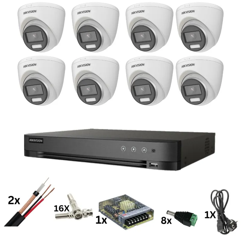 Kit de supraveghere Hikvision, 8 camere Poc, ColorVu de 8 Megapixeli, Lumina color 40m, Lentila 2.8mm, DVR cu 8 canale de 8 Megapixeli, accesorii Transport gratuit
