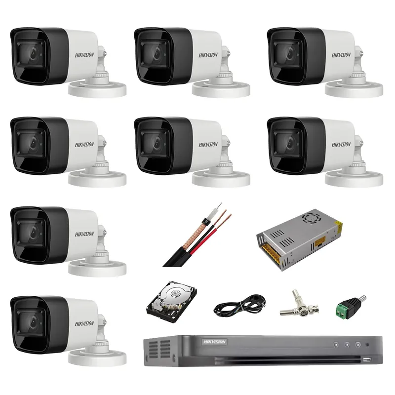 Preț mic Sistem complet de supraveghere profesional Hikvision Turbo HD, inregistrare 4K / 8 Mp, 8 camere IR 30 m, HDD 2 Tb, 200 m cablu CCTV,vizualizare pe telefon