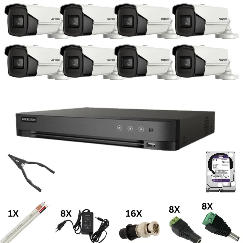 Vezi acum Kit de supraveghere Hikvision cu 8 camere, 8 Megapixeli, Infrarosu 60m, DVR 8 canale 8 Megapixeli, Hard, Accesorii