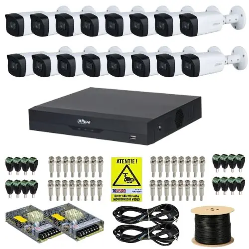 Expediere rapidă Kit supraveghere complet Dahua 16 camere 5MP IR 80m Starlight Lentila 3.6mm, DVR 16 canale 4K 8MP WizSense, accesorii + Autocolant Rovision