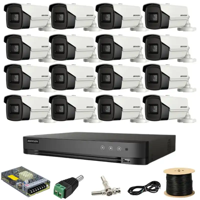 Cumpărături sigure Kit supraveghere Hikvision 16 camere 8MP IR 80M DVR 16 canale AcuSense cu accesorii incluse