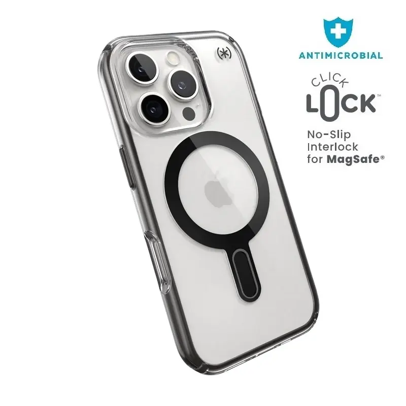Livrare expres SPECK Antimicrobal backplate iPhone 16 Pro transparent Magsafe negru