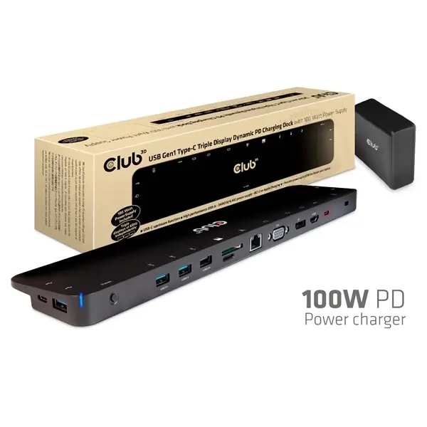 Reducere extra CLUB3D USB Type C 3.2 Gen1 Triple Display Dynamic PD Charging Dock 100W PD Power charger