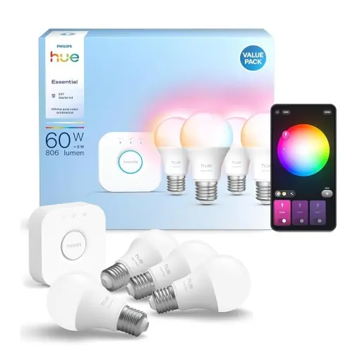 Ultima șansă Set Starter Philips Hue Essential Bridge 4 Becuri LED E27, Alb si Colorat, Dimmabile