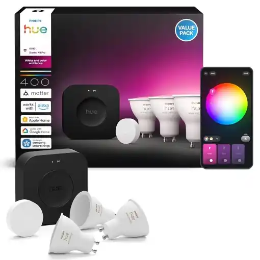 Cel mai bun preț Kit Start Philips Hue Bridge Pro cu 3 Spoturi LED GU10 Smart, Alb si Colorat