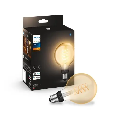 Promoție Lampa LED Filament Philips Hue E27 G93, 580lm, lumina calda, dimmabila