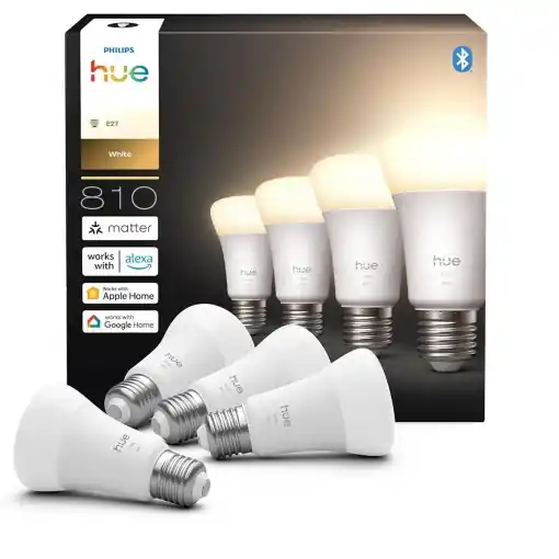 Lampa LED Inteligenta Philips Hue A60, 7W, 810 Lumen, Alb Cald, Dimabila, 4 buc Discount