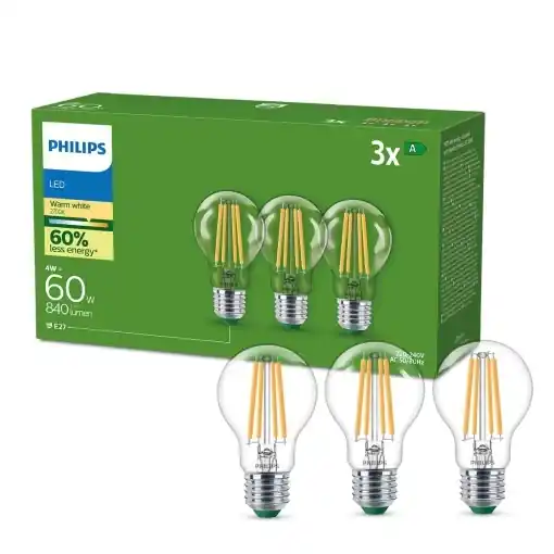 Super ofertă Lampa LED Philips Ultra Efficient, 60 W, E27, calda, 3 bucati