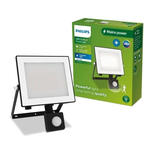 Preț redus Reflector exterior Philips cu senzor de miscare, 30W, lumina alba 3000K, negru