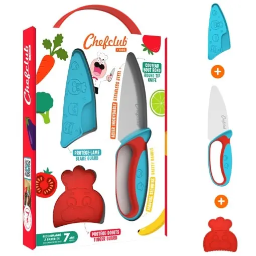 Cutit pentru copii Chefclub Kids, cu protectie pentru degete, ergonomie, albastru si rosu Cel mai bun preț